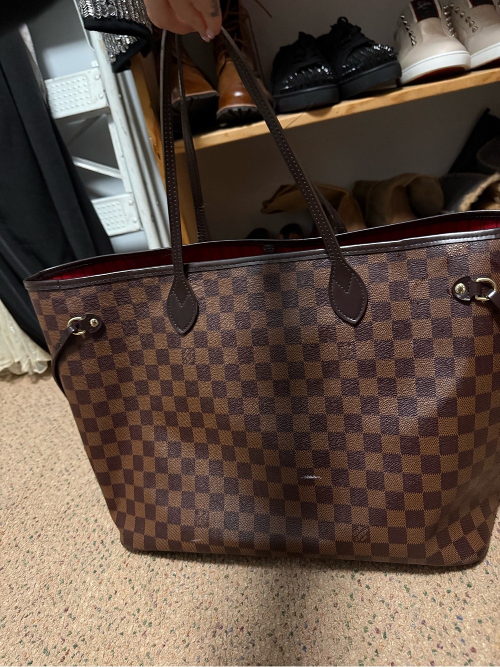 Checkerboard Tote Bag in Brown with Red Interior - Picture 6 of 6
